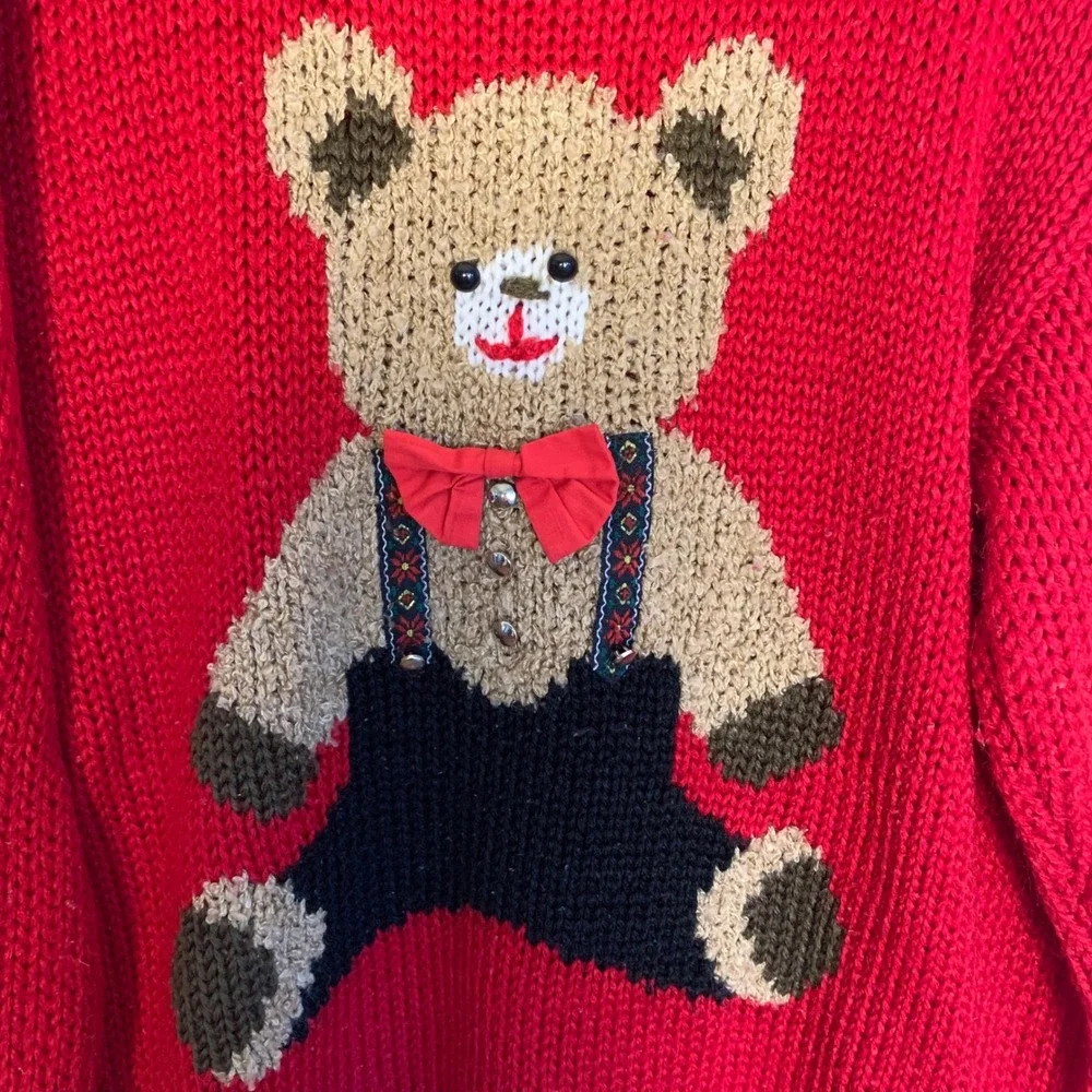 Vintage 1980s Teddy Bear Knit Sweater Hand Knit Red Black Novelty Pullover XL 18 - Picture 9 of 16